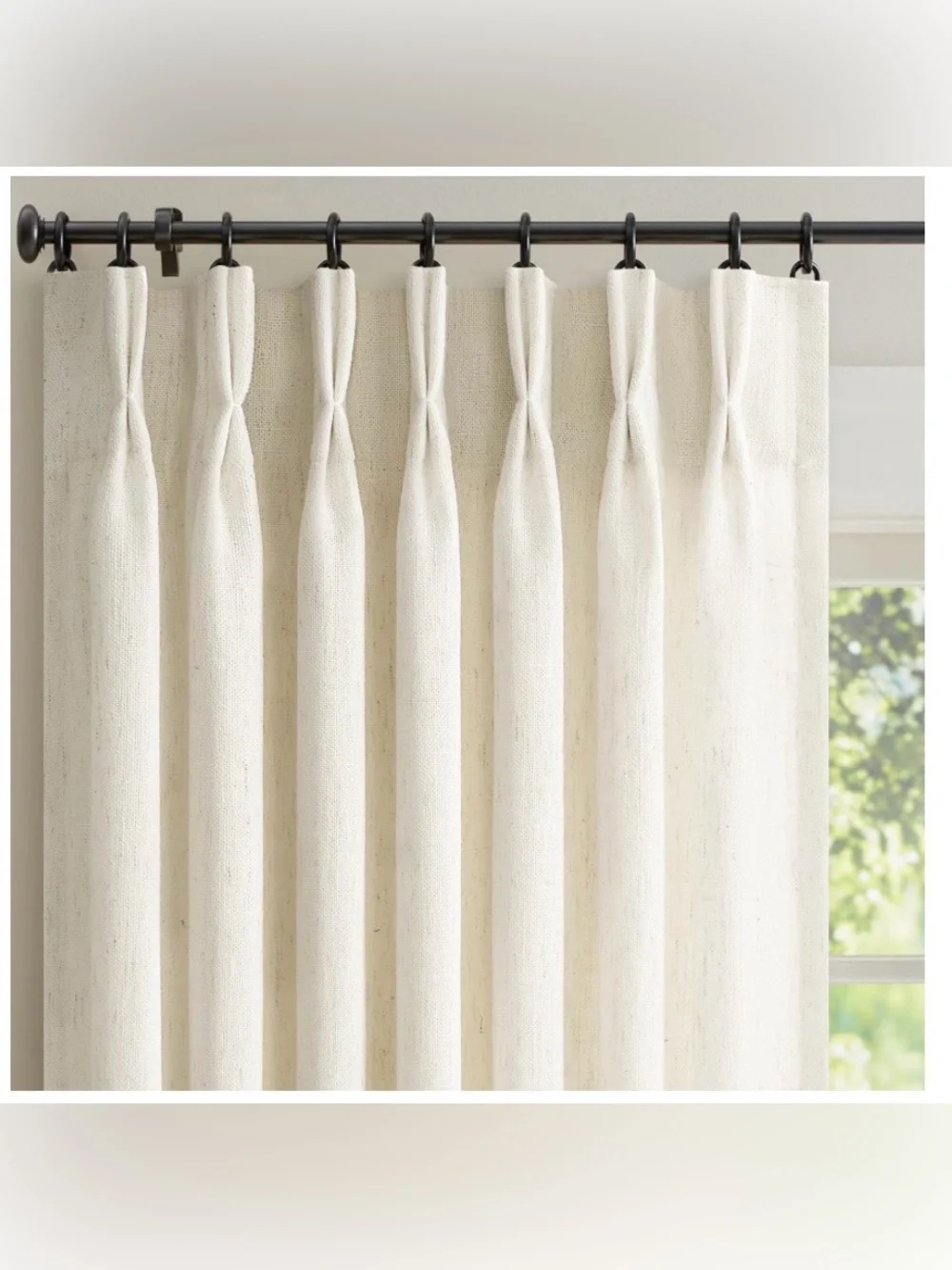 Pinch Pleated Linen Curtains with Hooks & Rings 84” SEMI-SHEER (2-Panels) CREAM